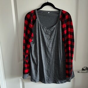 Gray and Red Plaid Sleeve Top